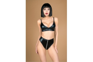 LE FRIVOLE My Shadow - Комплект лиф и трусики с функциональной молнией из материала wet look, S/M (черный)